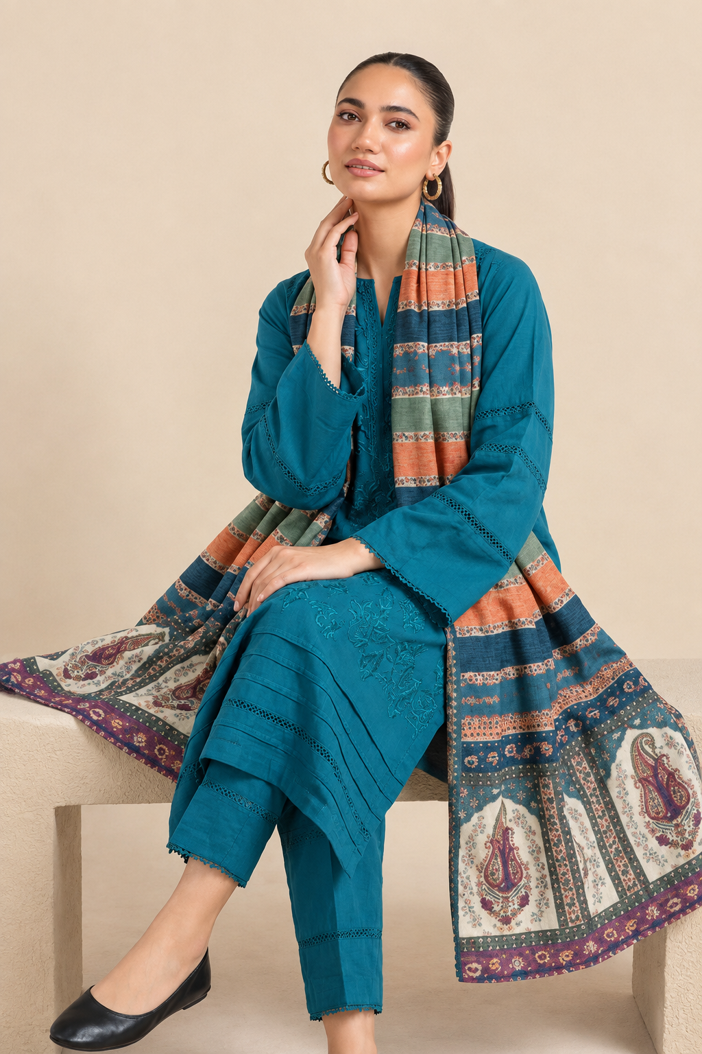 Embroidered Teal Dhanak 3-Piece Unstitched Suit