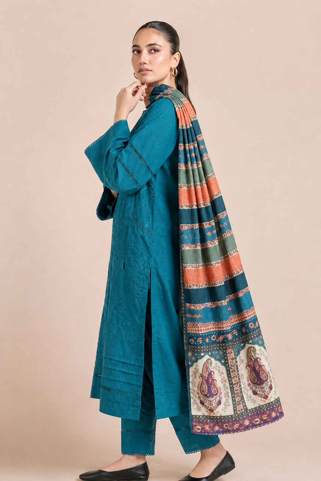 Embroidered Teal Dhanak 3-Piece Unstitched Suit