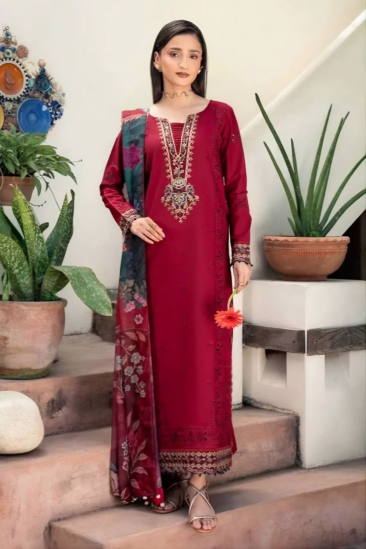 Deep Red Dhanak 3-Piece Unstitched Suit