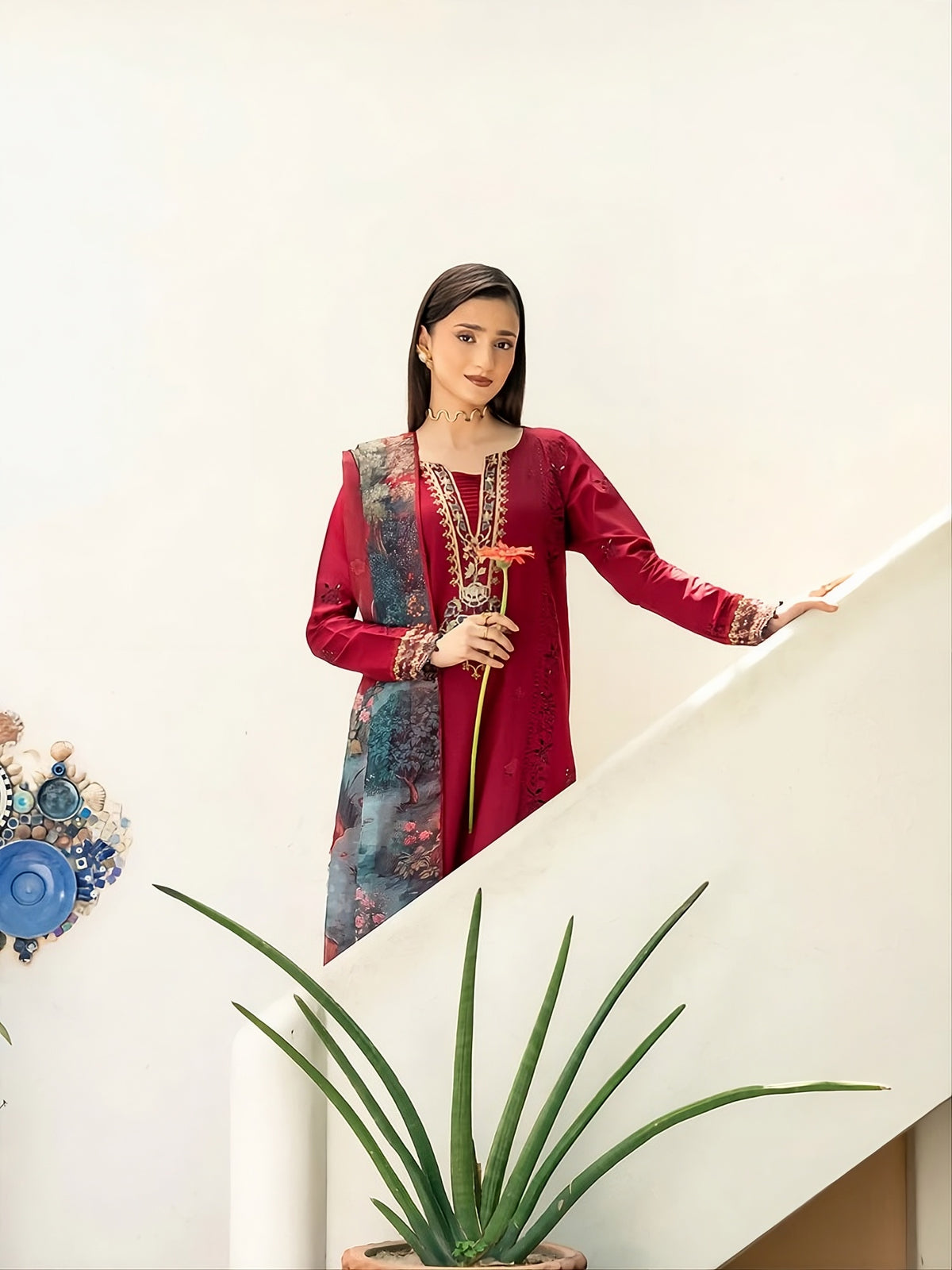 Deep Red Dhanak 3-Piece Unstitched Suit