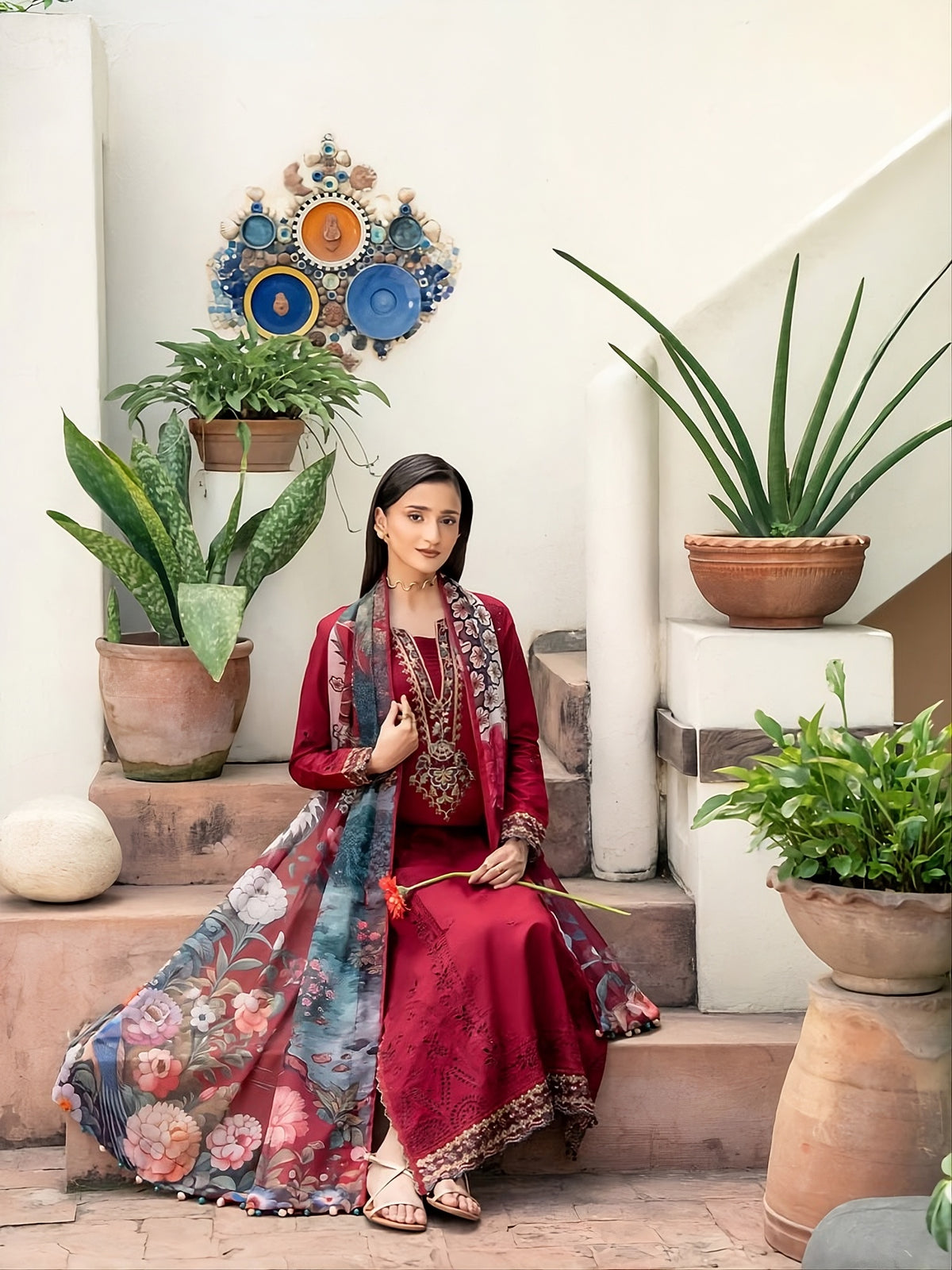 Deep Red Dhanak 3-Piece Unstitched Suit