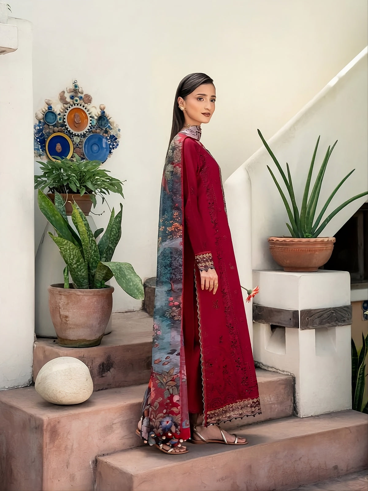 Deep Red Dhanak 3-Piece Unstitched Suit