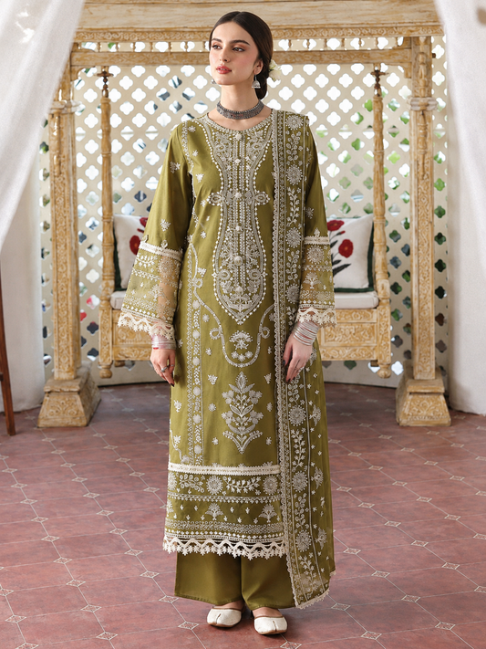Heavy Embroidered Olive Green 3-Piece Dhanak Suit