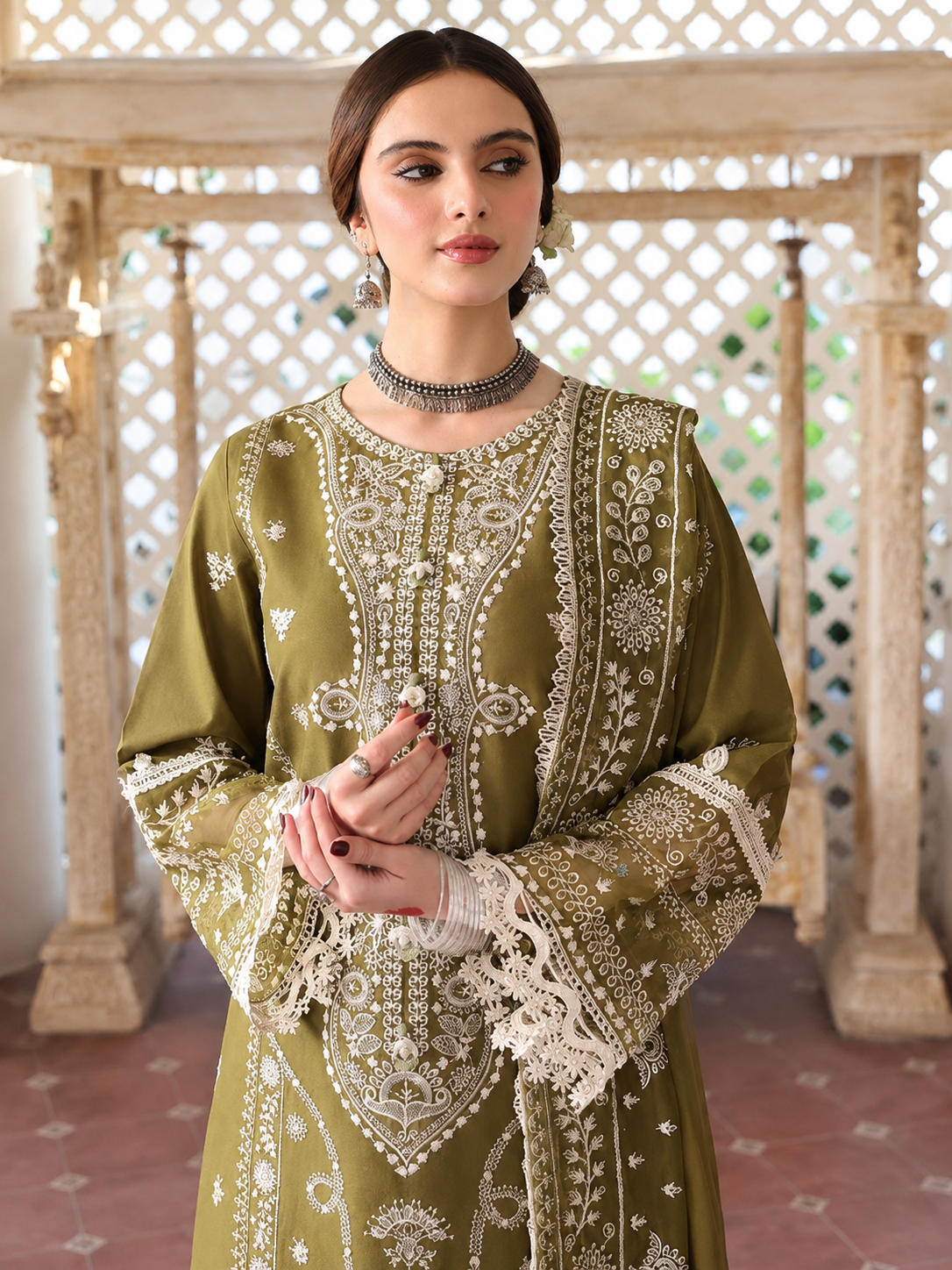 Heavy Embroidered Olive Green 3-Piece Dhanak Suit