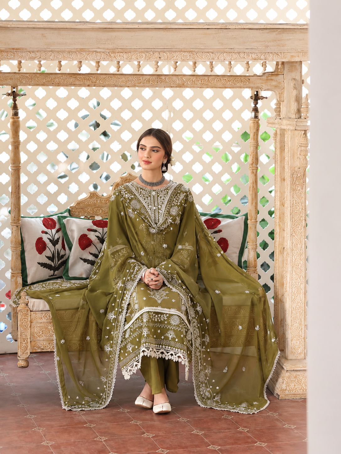Heavy Embroidered Olive Green 3-Piece Dhanak Suit