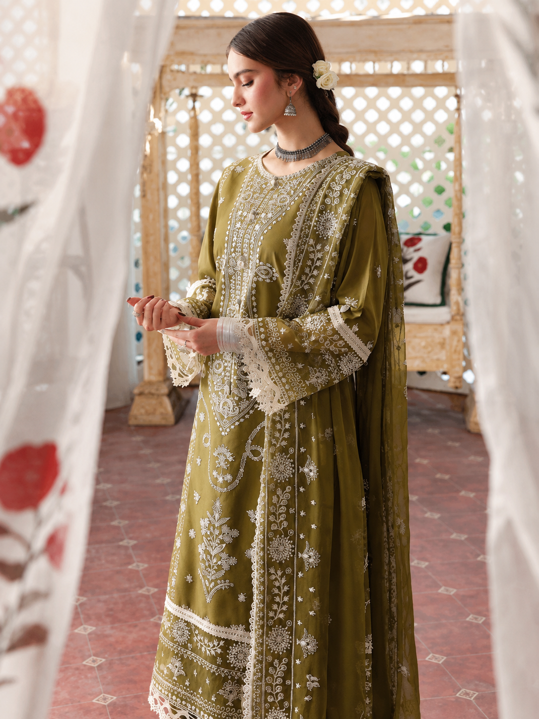 Heavy Embroidered Olive Green 3-Piece Dhanak Suit