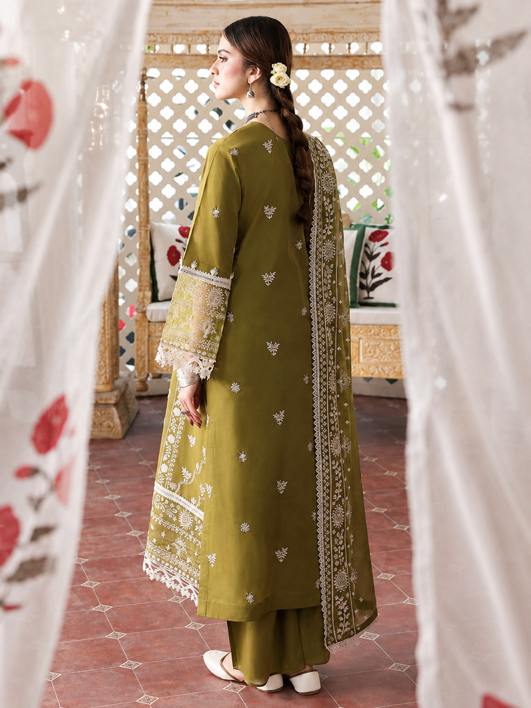 Heavy Embroidered Olive Green 3-Piece Dhanak Suit