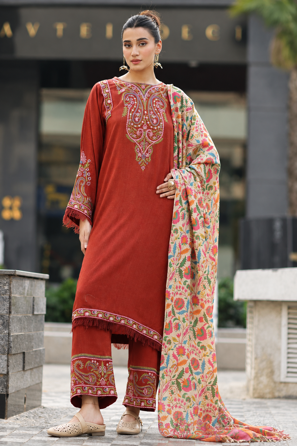 Rust Orange Dhanak 3-Piece Unstitched Suit