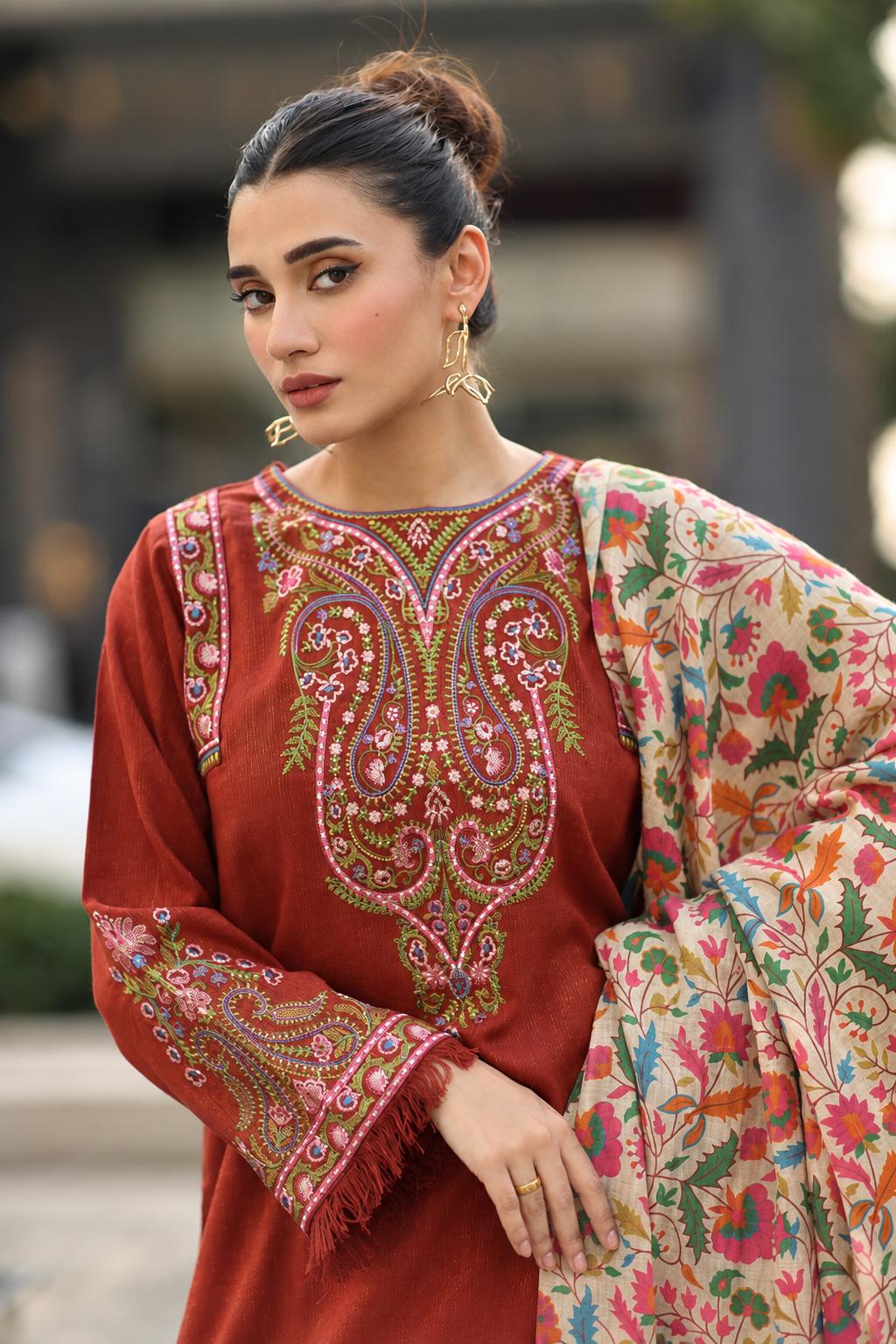 Rust Orange Dhanak 3-Piece Unstitched Suit