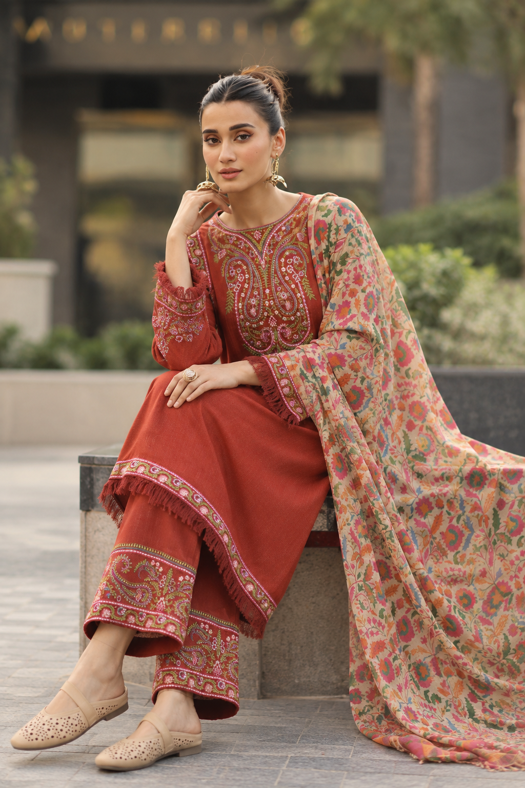 Rust Orange Dhanak 3-Piece Unstitched Suit