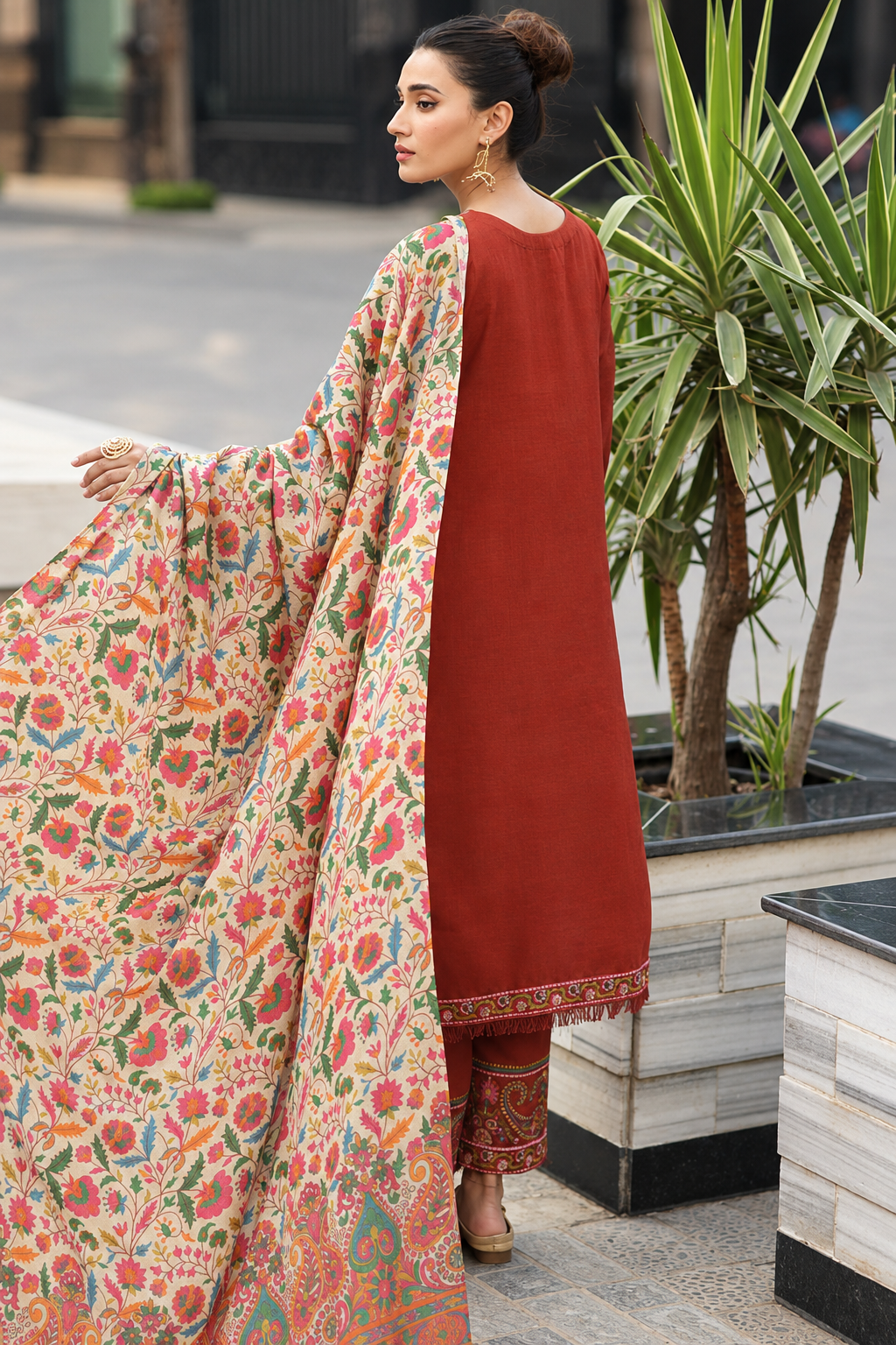 Rust Orange Dhanak 3-Piece Unstitched Suit