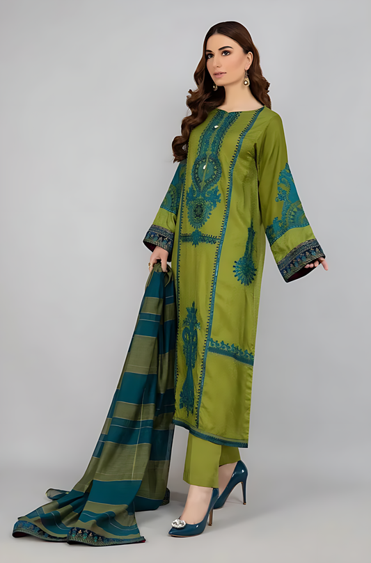Embroidered Olive Green & Teal 3-Piece Unstitched Suit