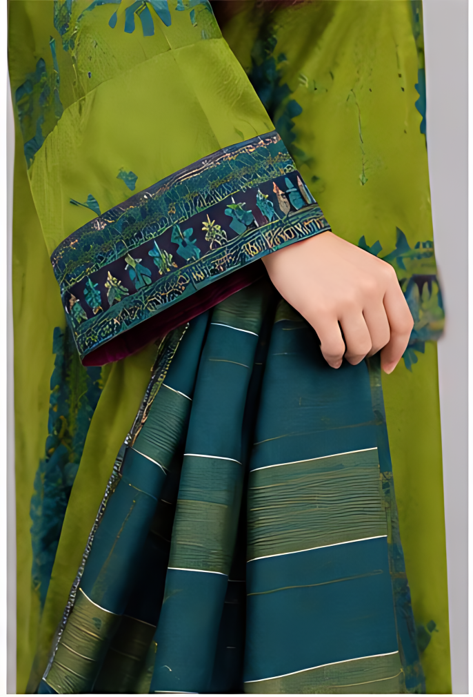 Embroidered Olive Green & Teal 3-Piece Unstitched Suit