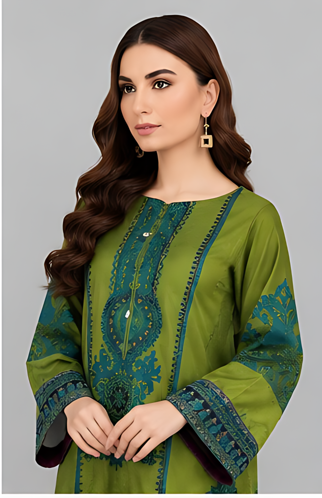 Embroidered Olive Green & Teal 3-Piece Unstitched Suit