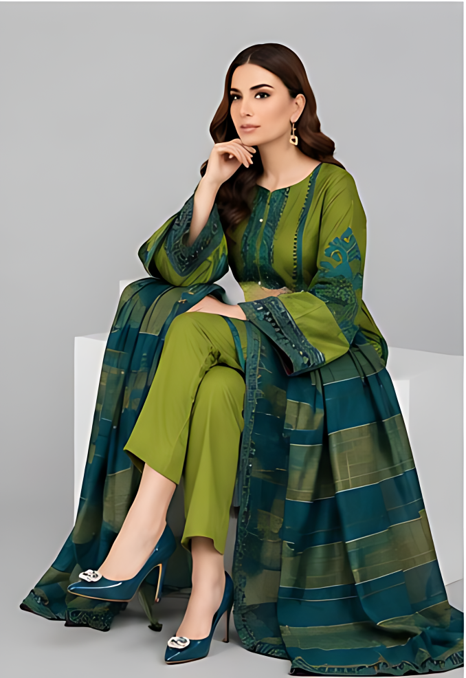 Embroidered Olive Green & Teal 3-Piece Unstitched Suit