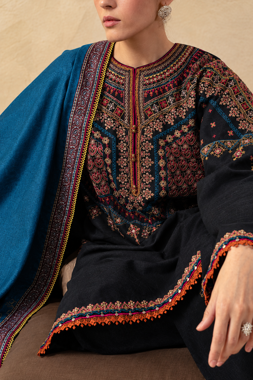 Embroidered Black Kashmiri Style 3-Piece Dhanak Suit