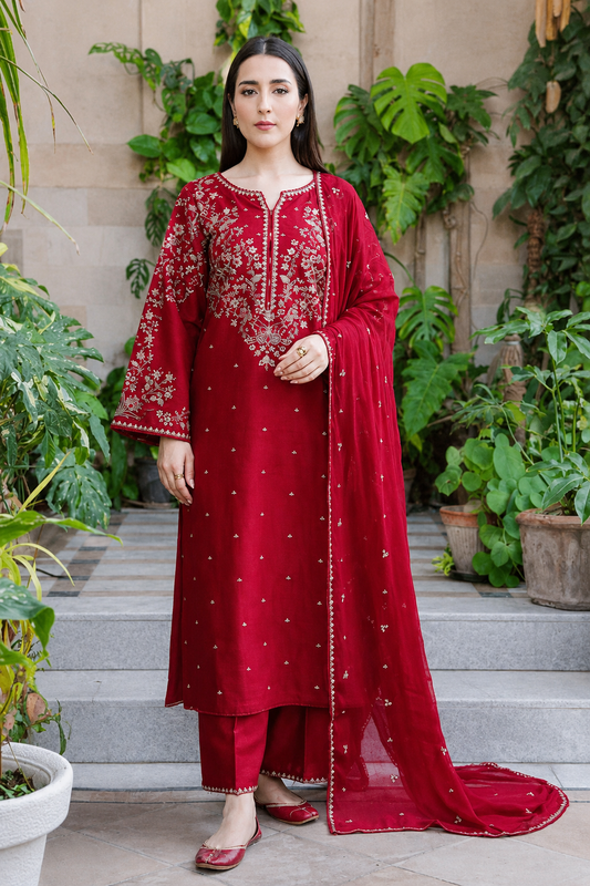 Crimson Red Dhanak 3-Piece Unstitched Suit