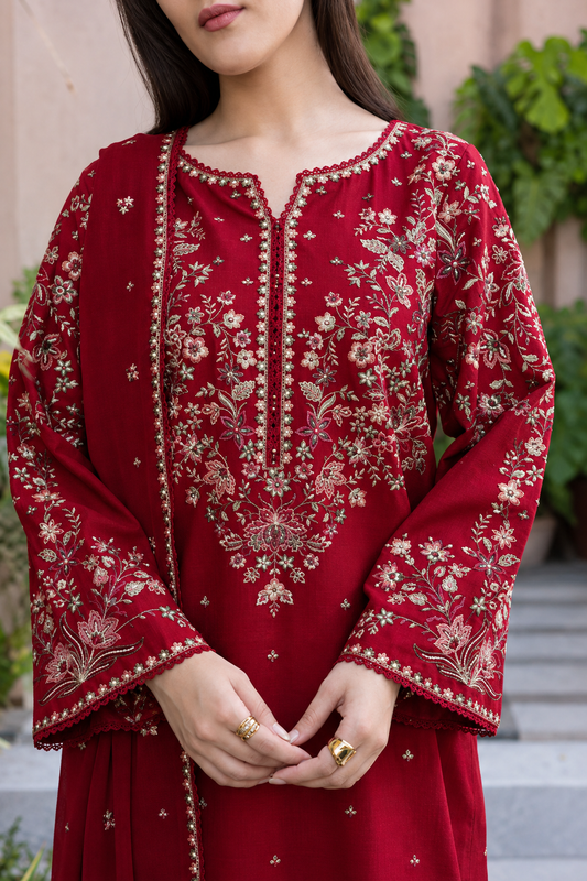 Crimson Red Dhanak 3-Piece Unstitched Suit