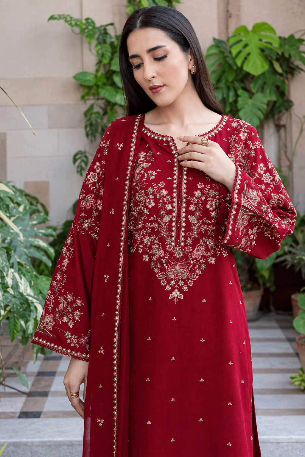 Crimson Red Dhanak 3-Piece Unstitched Suit