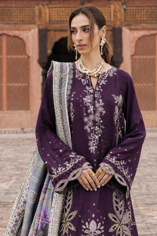 Embroidered Deep Plum Dhanak 3-Piece Unstitched Suit