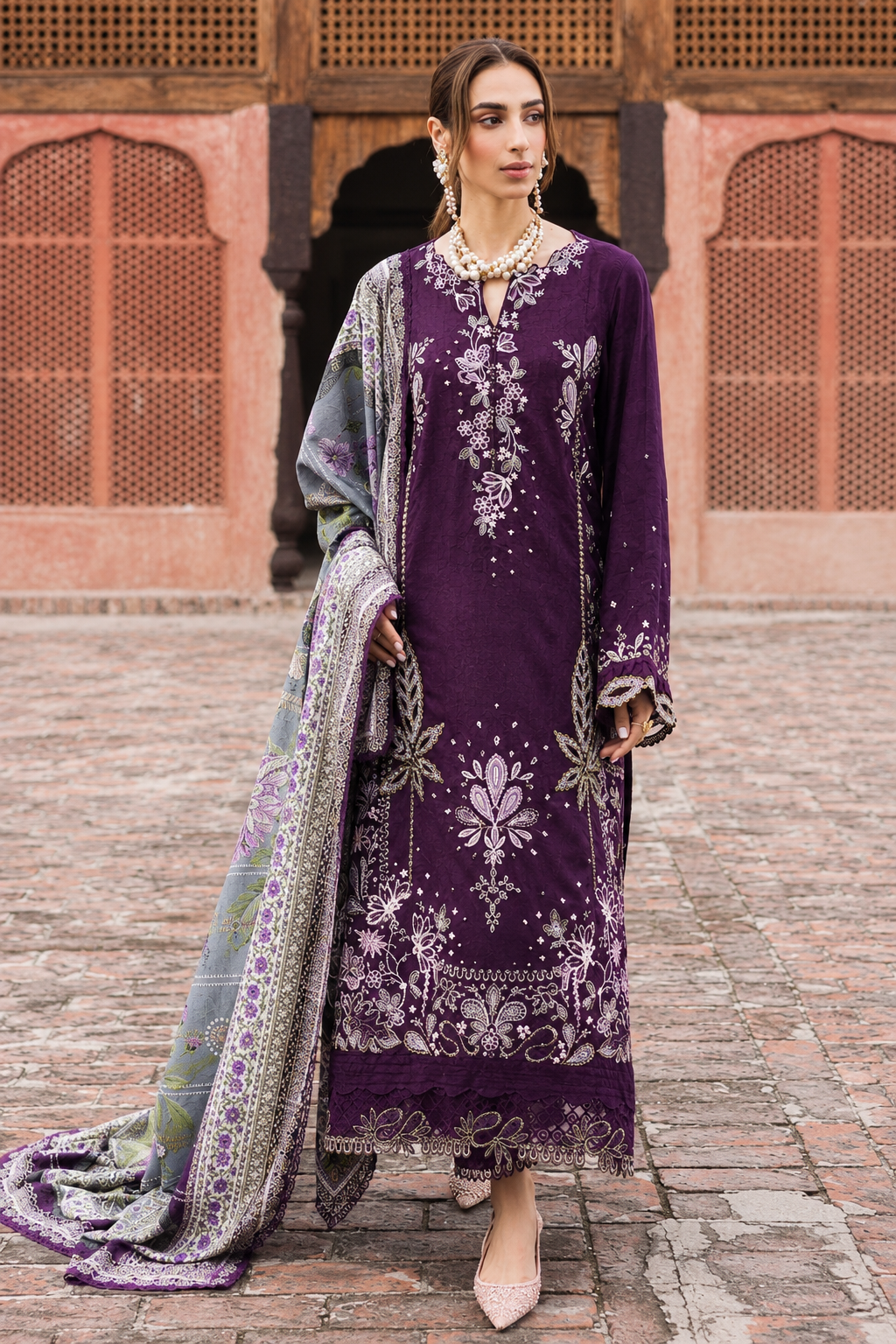 Embroidered Deep Plum Dhanak 3-Piece Unstitched Suit