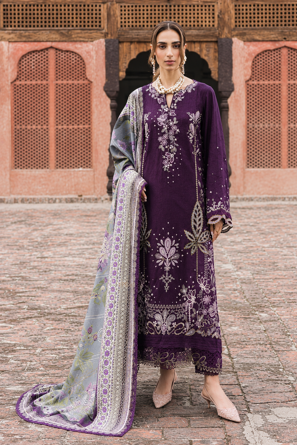 Embroidered Deep Plum Dhanak 3-Piece Unstitched Suit