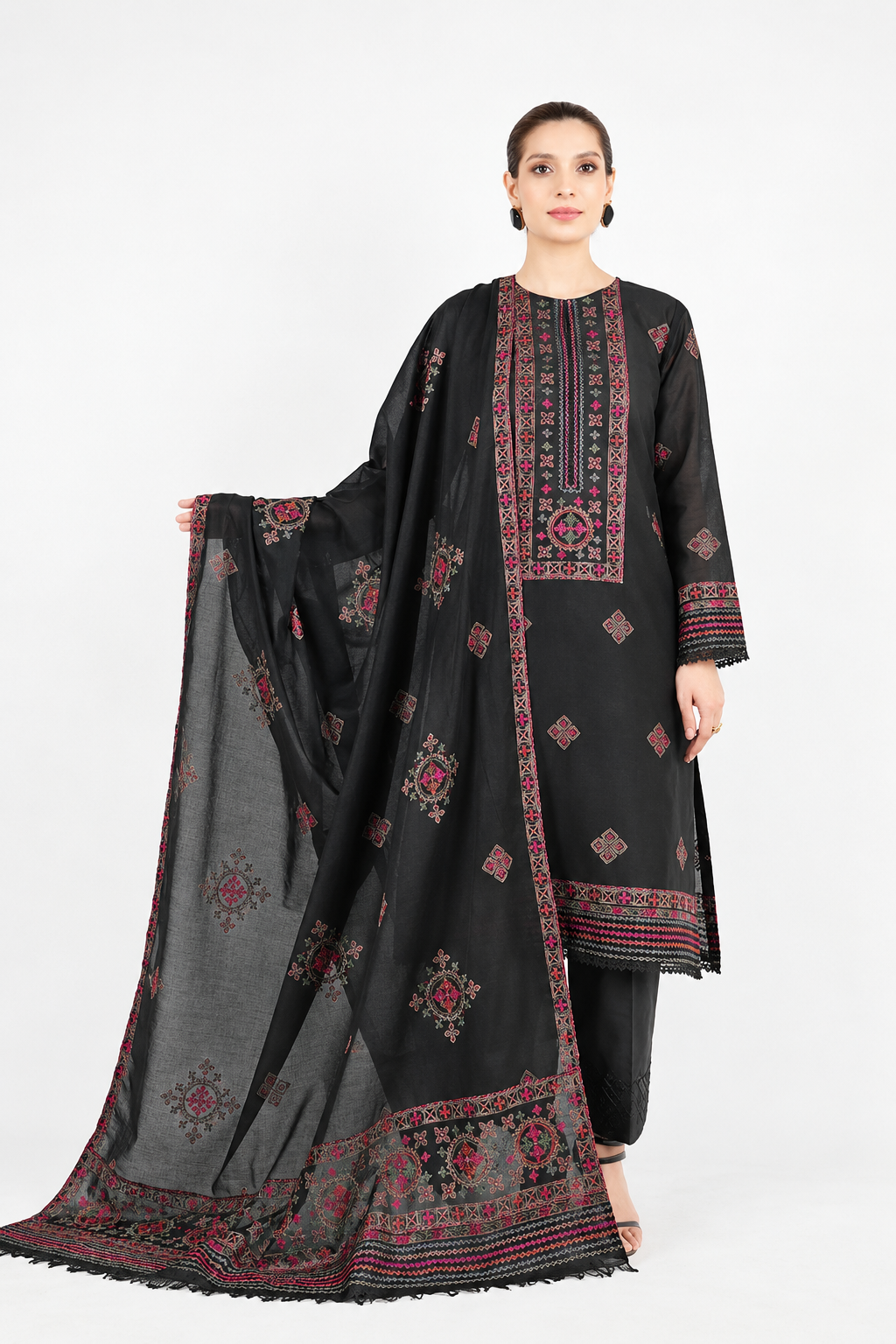 Jet Black Dhanak 3-Piece Unstitched Suit