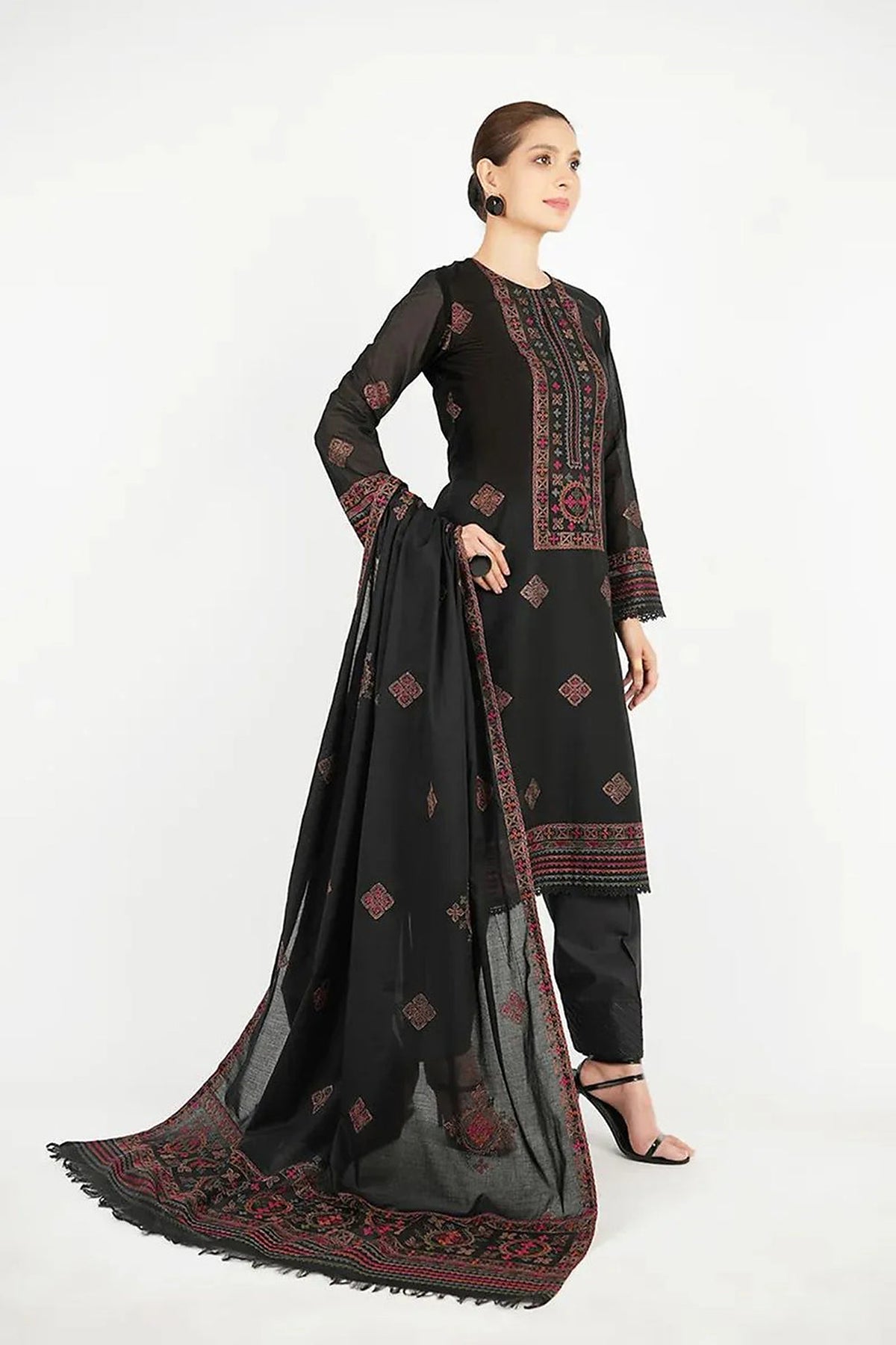 Jet Black Dhanak 3-Piece Unstitched Suit