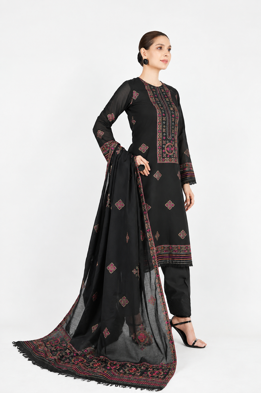 Jet Black Dhanak 3-Piece Unstitched Suit