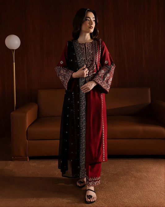 Deep Red Dhanak 3-Piece Unstitched Suit