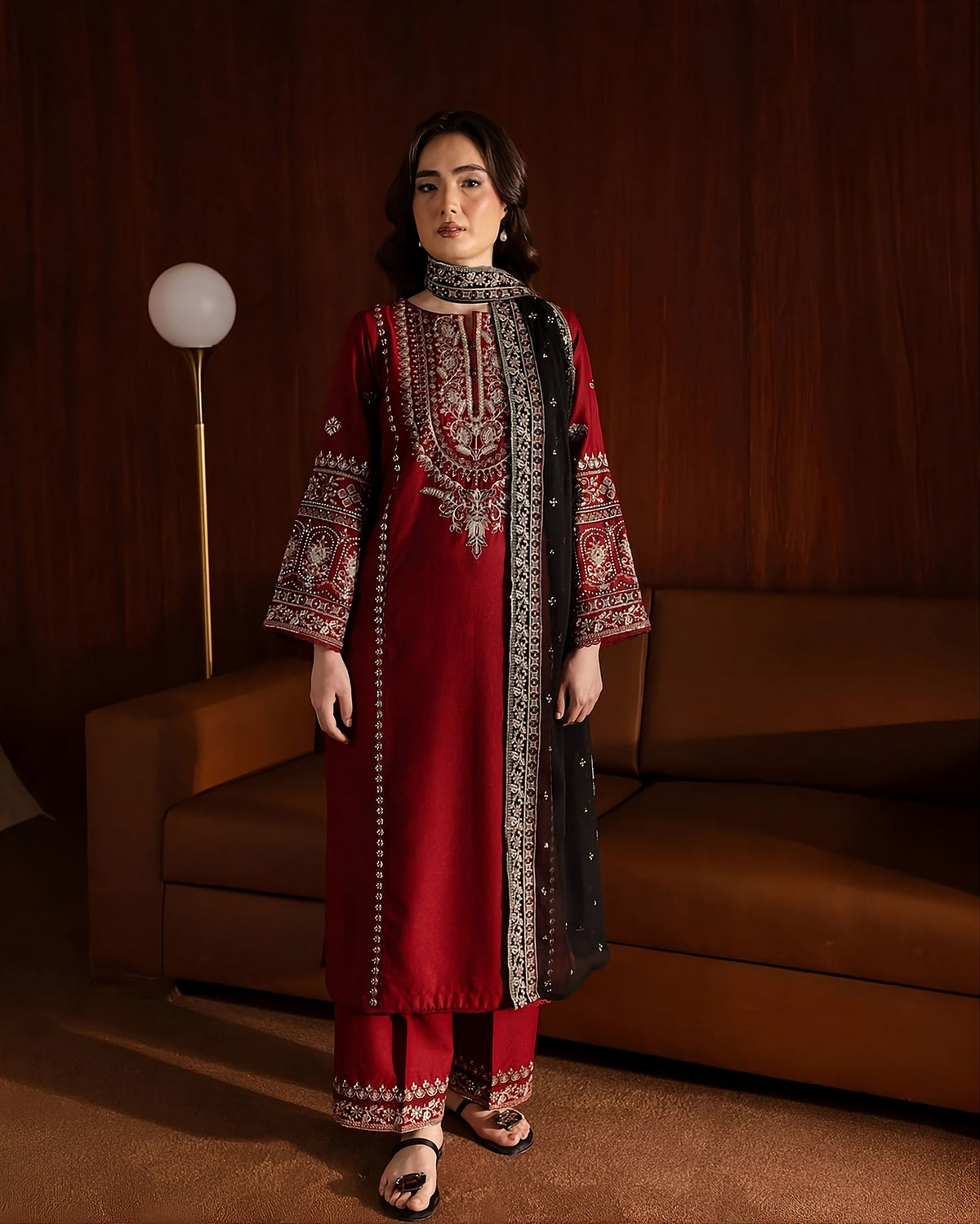 Deep Red Dhanak 3-Piece Unstitched Suit