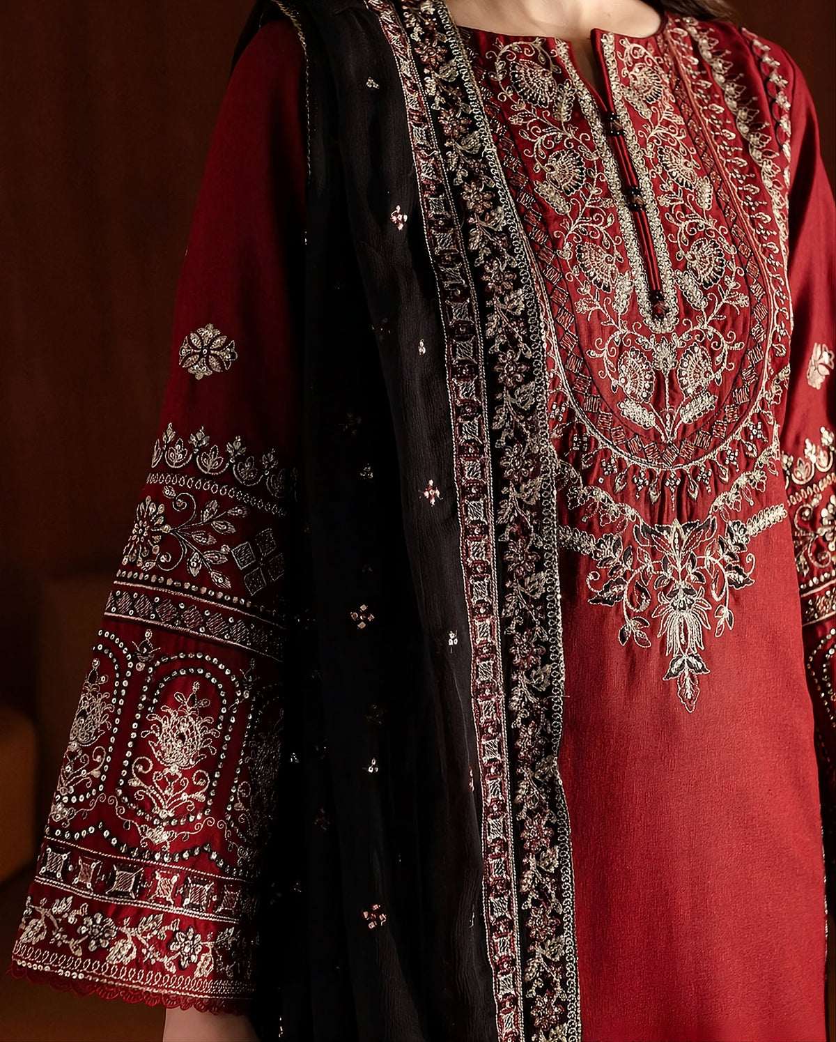 Deep Red Dhanak 3-Piece Unstitched Suit