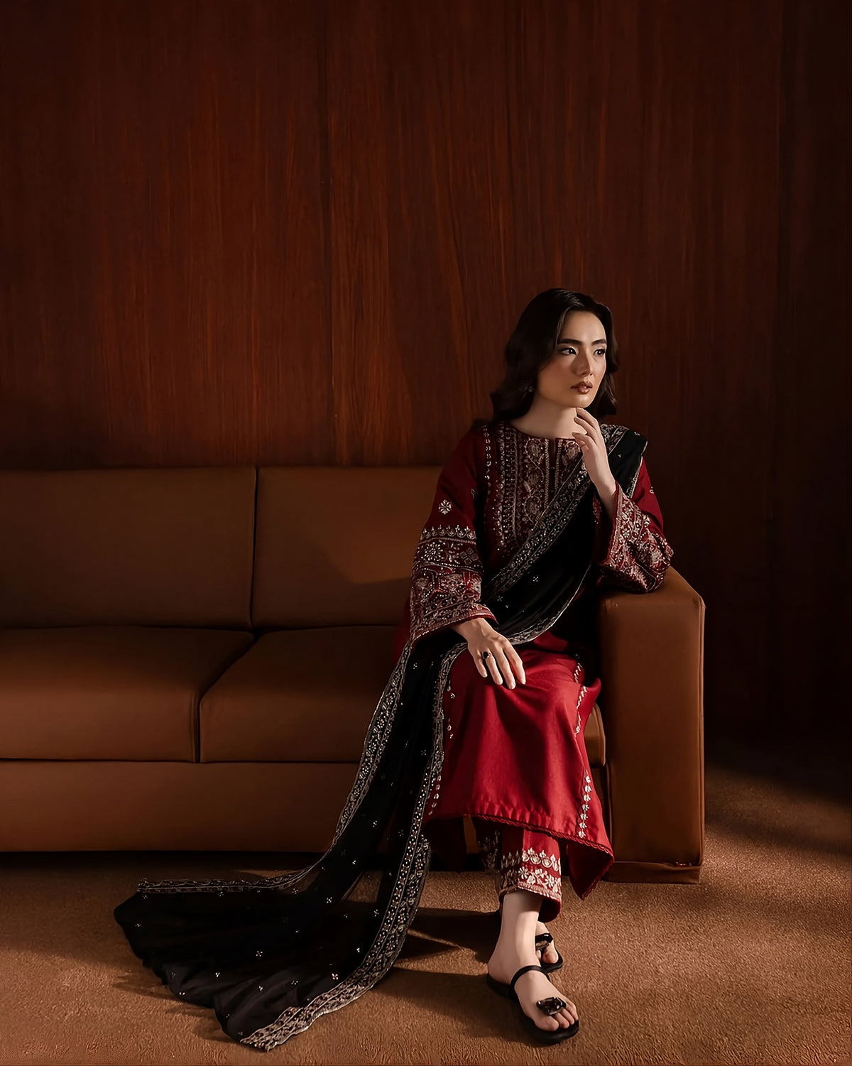 Deep Red Dhanak 3-Piece Unstitched Suit
