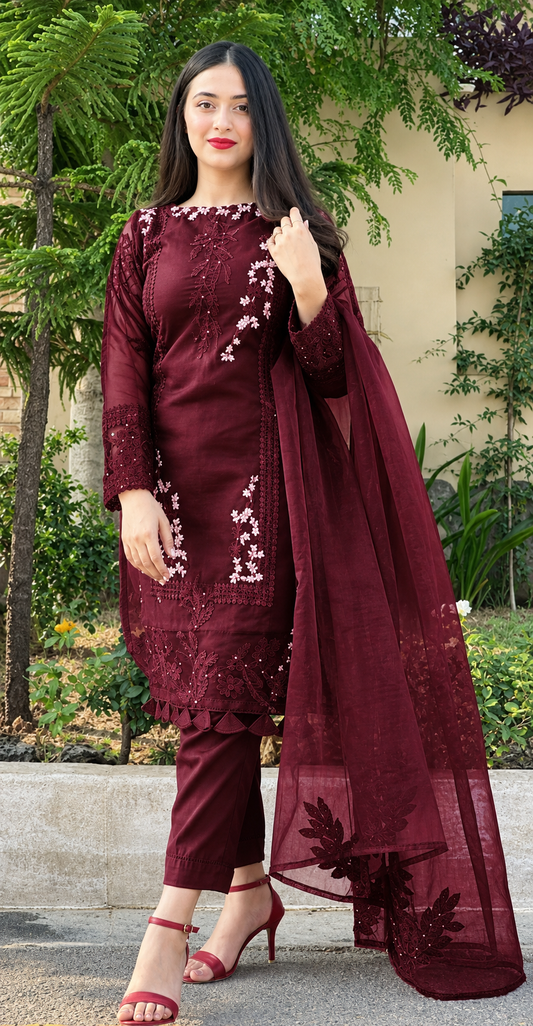 Deep Plum Maroon Dhanak 3-Piece Unstitched Suit