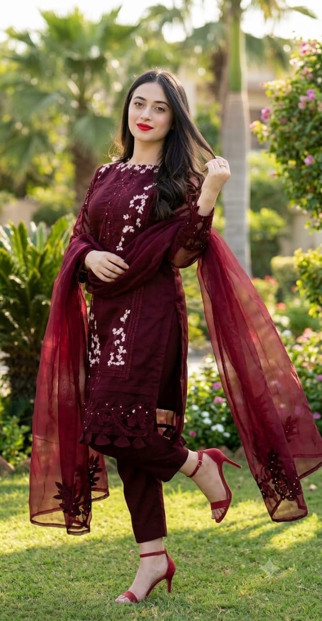 Deep Plum Maroon Dhanak 3-Piece Unstitched Suit