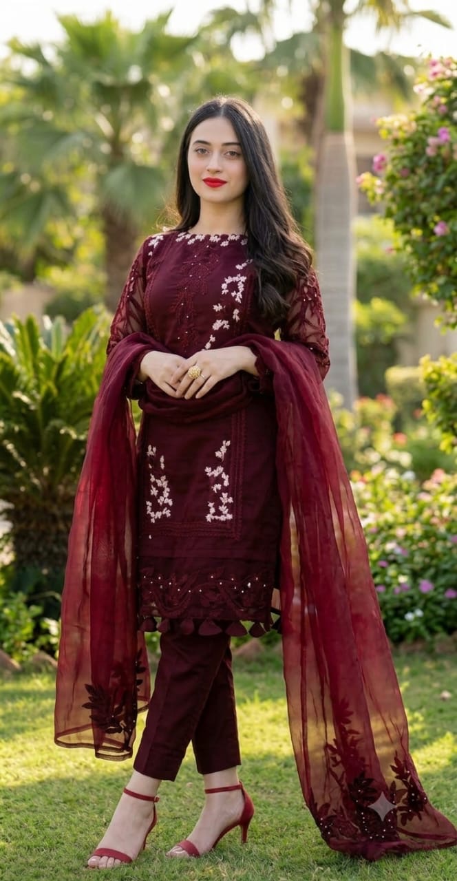 Deep Plum Maroon Dhanak 3-Piece Unstitched Suit