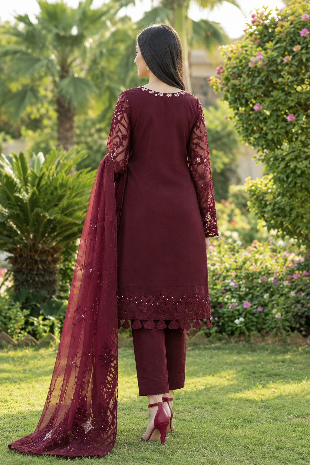 Deep Plum Maroon Dhanak 3-Piece Unstitched Suit