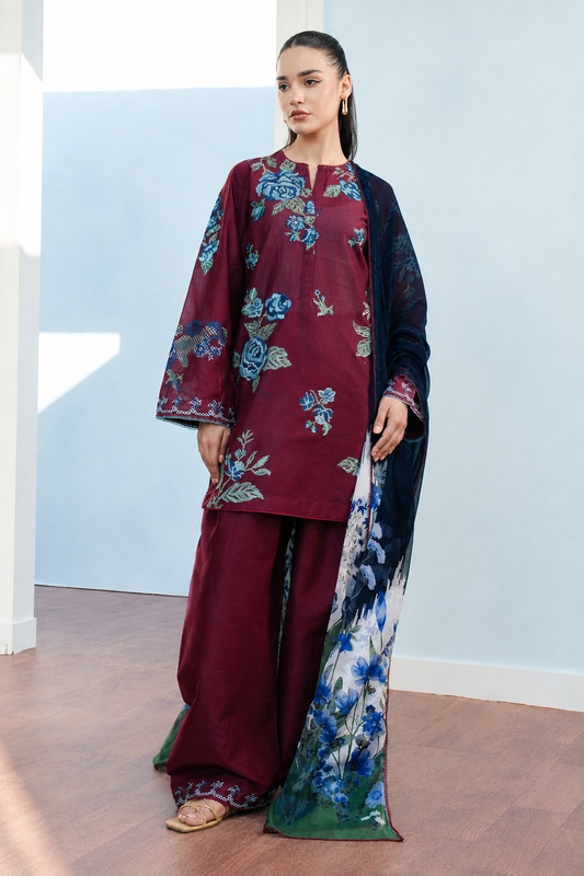 Deep Maroon Dhanak 3-Piece Unstitched Suit