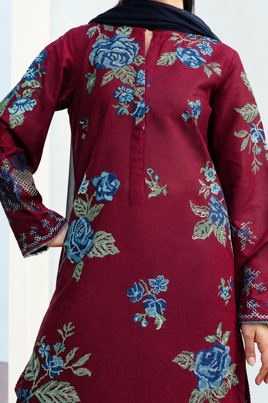 Deep Maroon Dhanak 3-Piece Unstitched Suit