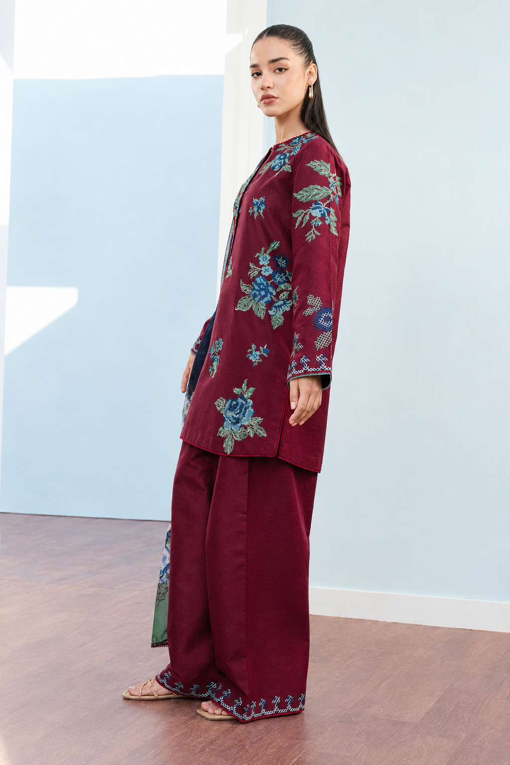 Deep Maroon Dhanak 3-Piece Unstitched Suit