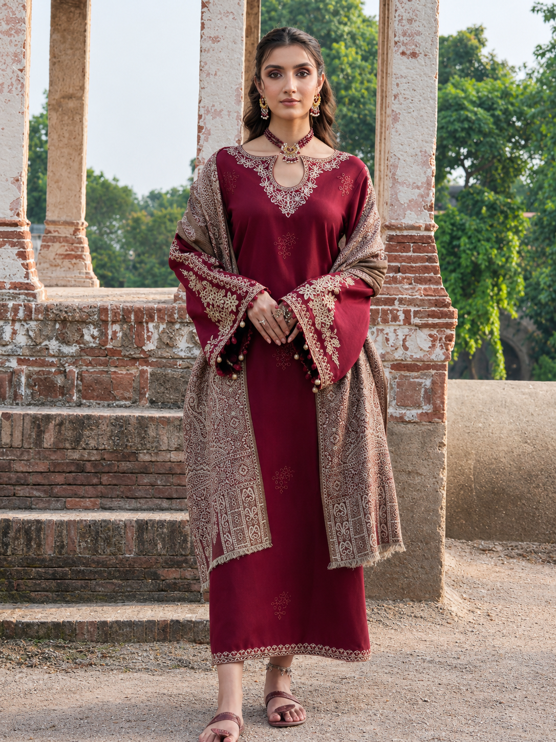 Deep Maroon Dhanak 3-Piece Unstitched Suit