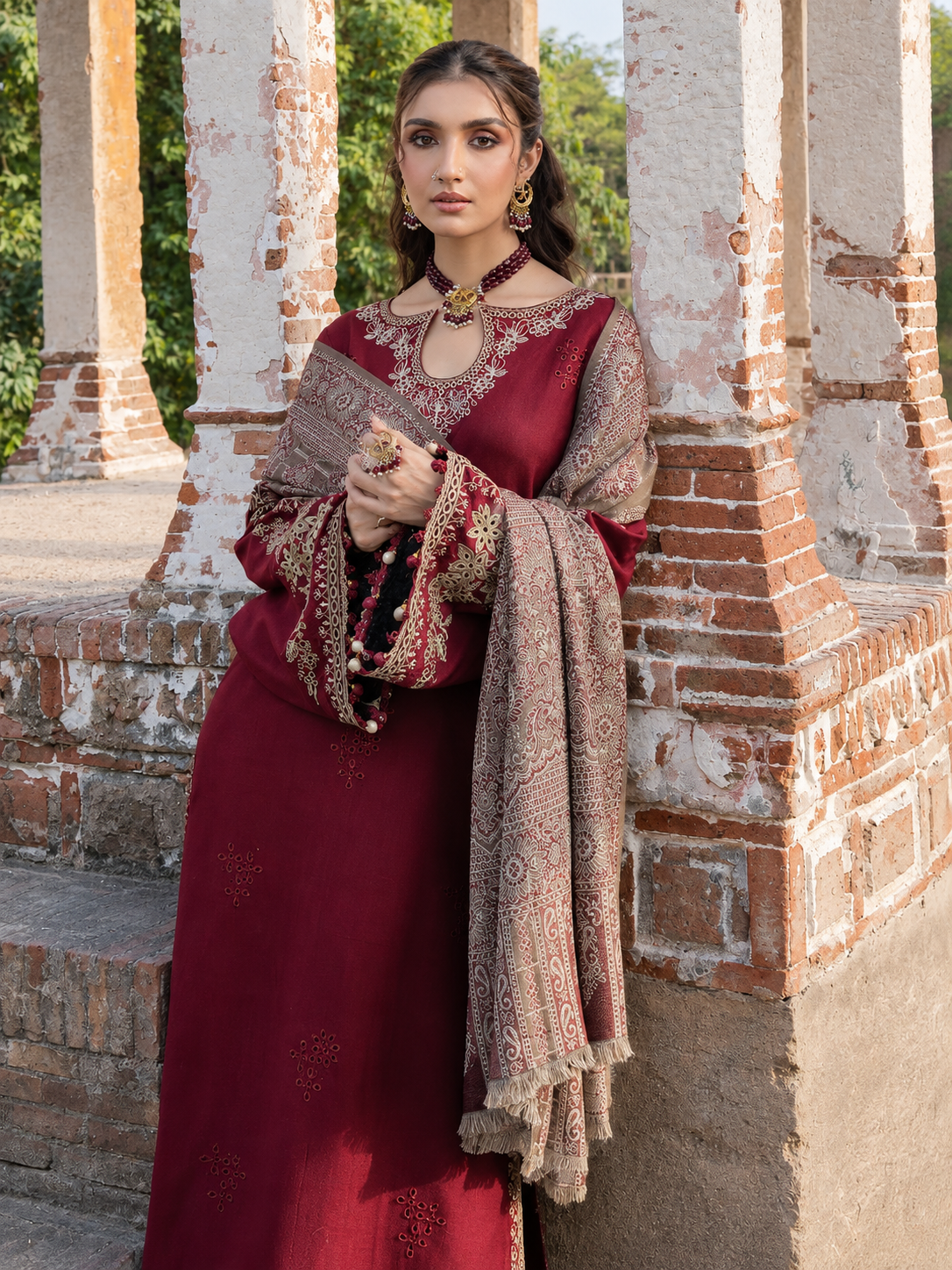 Deep Maroon Dhanak 3-Piece Unstitched Suit