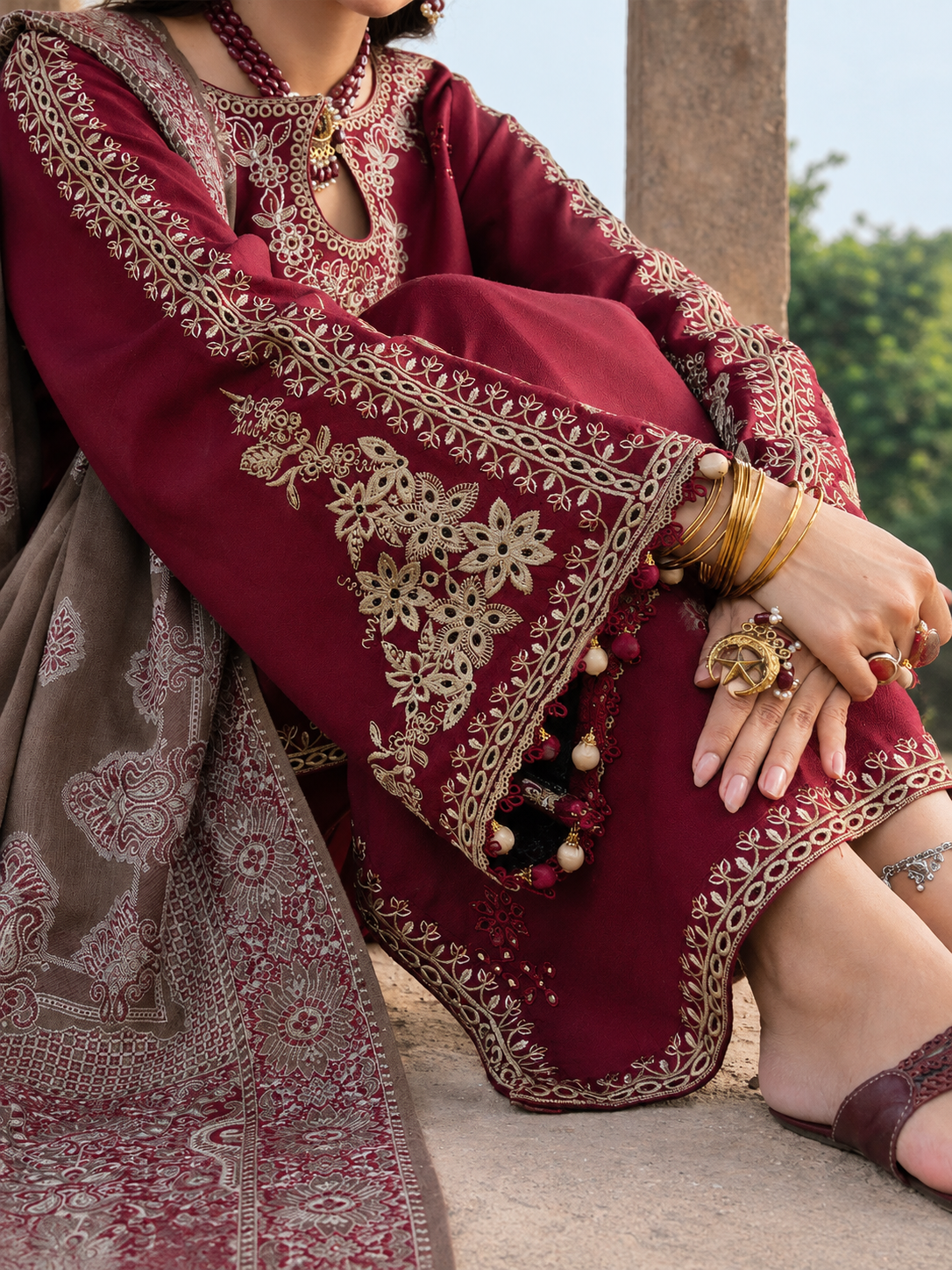 Deep Maroon Dhanak 3-Piece Unstitched Suit