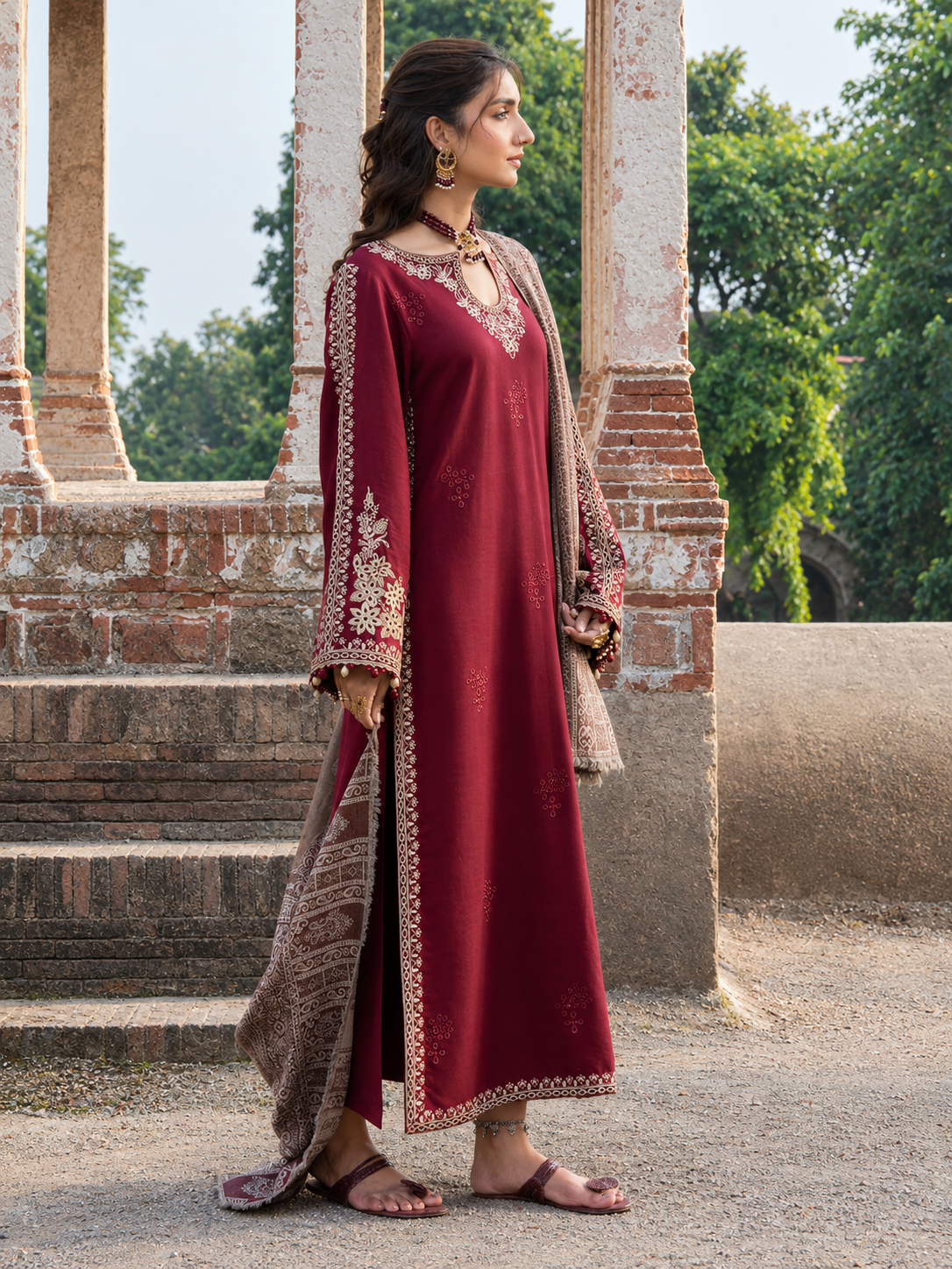 Deep Maroon Dhanak 3-Piece Unstitched Suit