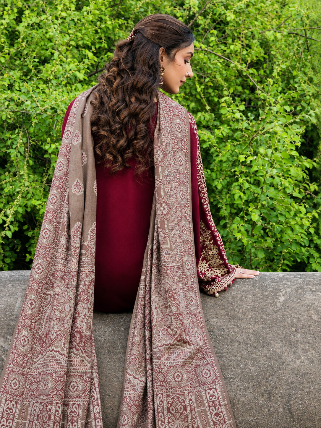 Deep Maroon Dhanak 3-Piece Unstitched Suit