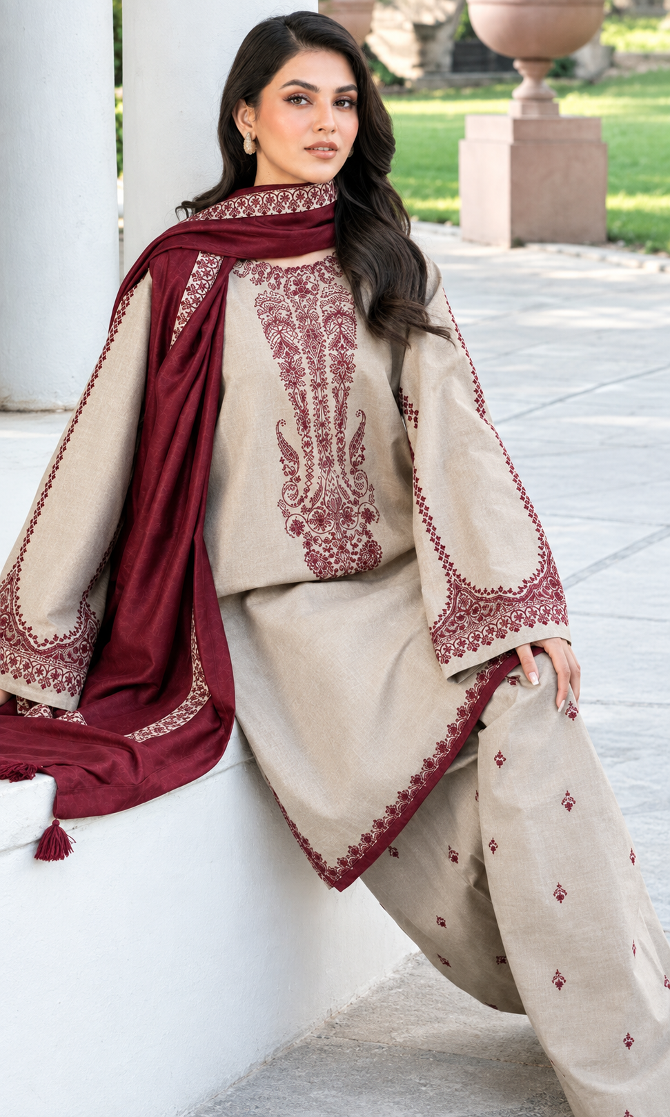 Embroidered Beige & Maroon Dhanak 3-Piece Unstitched Suit