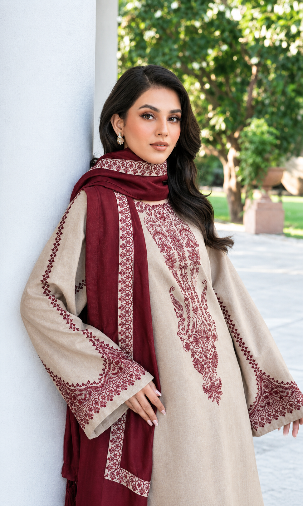 Embroidered Beige & Maroon Dhanak 3-Piece Unstitched Suit