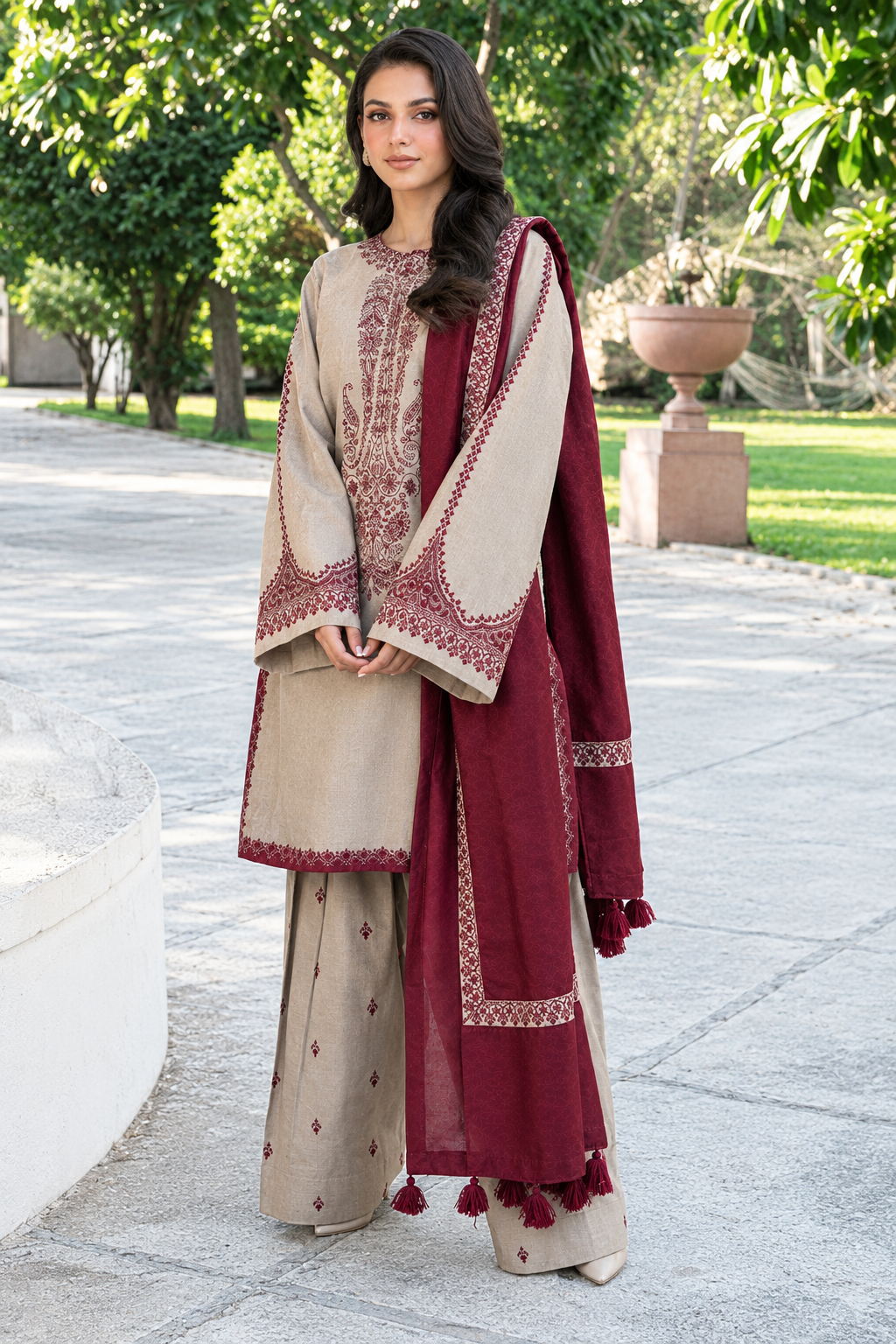 Embroidered Beige & Maroon Dhanak 3-Piece Unstitched Suit