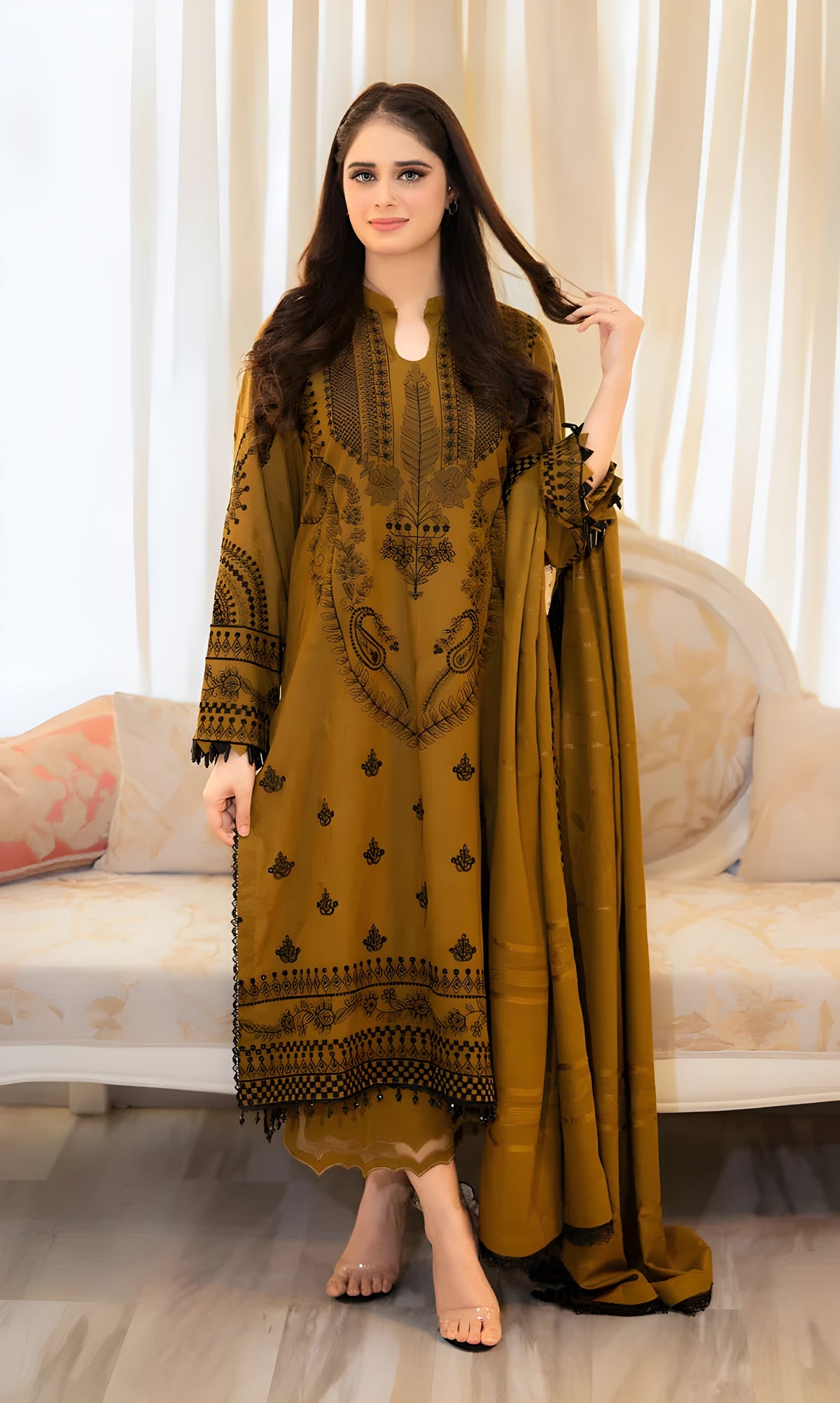 Embroidered Olive Gold / Mustard 3-Piece Dhanak Suit