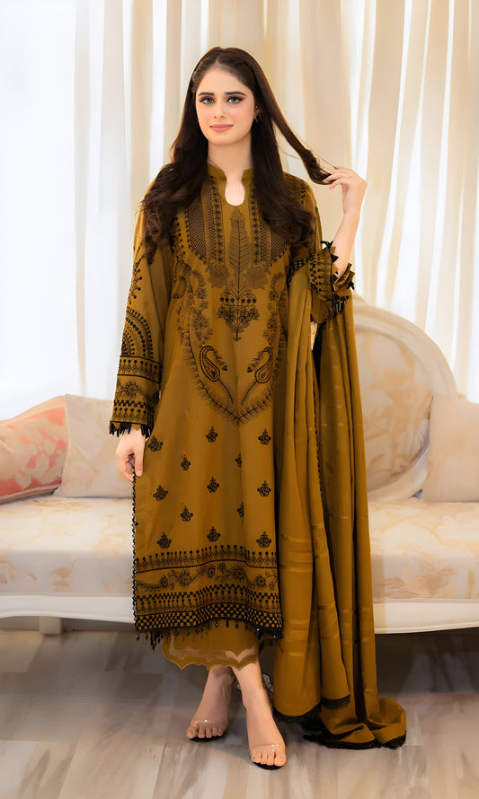 Embroidered Olive Gold / Mustard 3-Piece Dhanak Suit